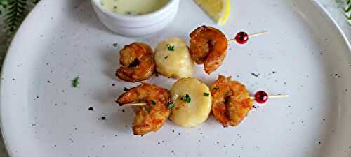 Brochettes crevettes, noix de St Jacques 