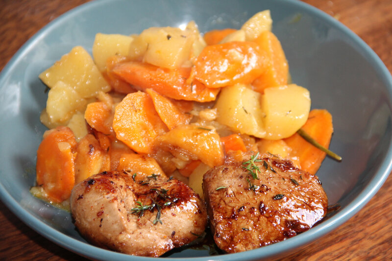 GRENADINS DE VEAU AU MIEL ET AU VINAIGRE BALSAMIQUE ET LEUR COCOTTE DE LEGUMES D'OR