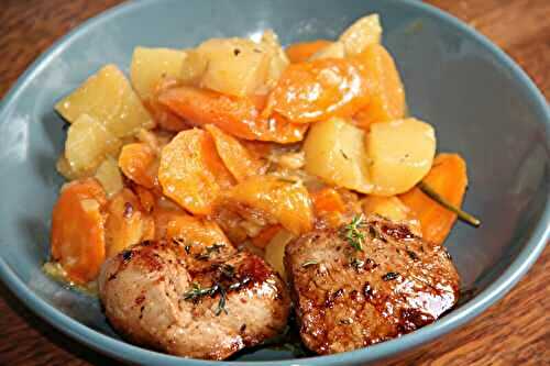 GRENADINS DE VEAU AU MIEL ET AU VINAIGRE BALSAMIQUE ET LEUR COCOTTE DE LEGUMES D'OR