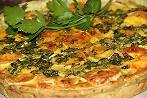 QUICHE AU CHEVRE, CHAMPIGNONS, OIGNONS ROUGES ET CURRY, PATE A L'AIL DES OURS