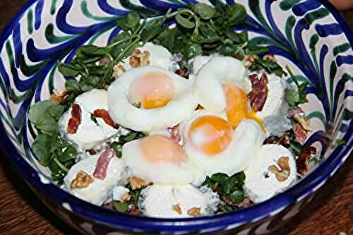 SALADE DE CRESSON DE MEREVILLE, CHEVRE SAINTE-MAURE, LARDONS ET NOIX