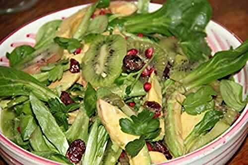 SALADE VITAMINEE AUX KIWIS, AVOCATS ET MACHE, GARNITURE DE GRAINES DE GRENADE ET DE CRANBERRIES