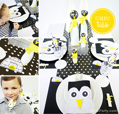 Fêtes | Party Printables: Table de Noël Moderne Pingouins en Noir & Blanc