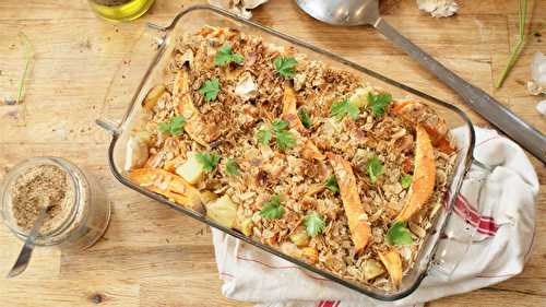 Crumble de patate douce, courge et pomme de terre aux flocons d'avoine et amande