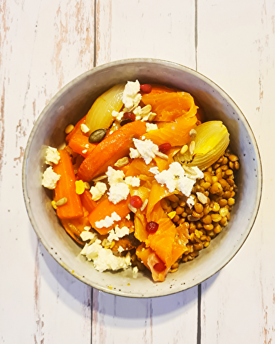 Salade de lentilles aux légumes rôtis