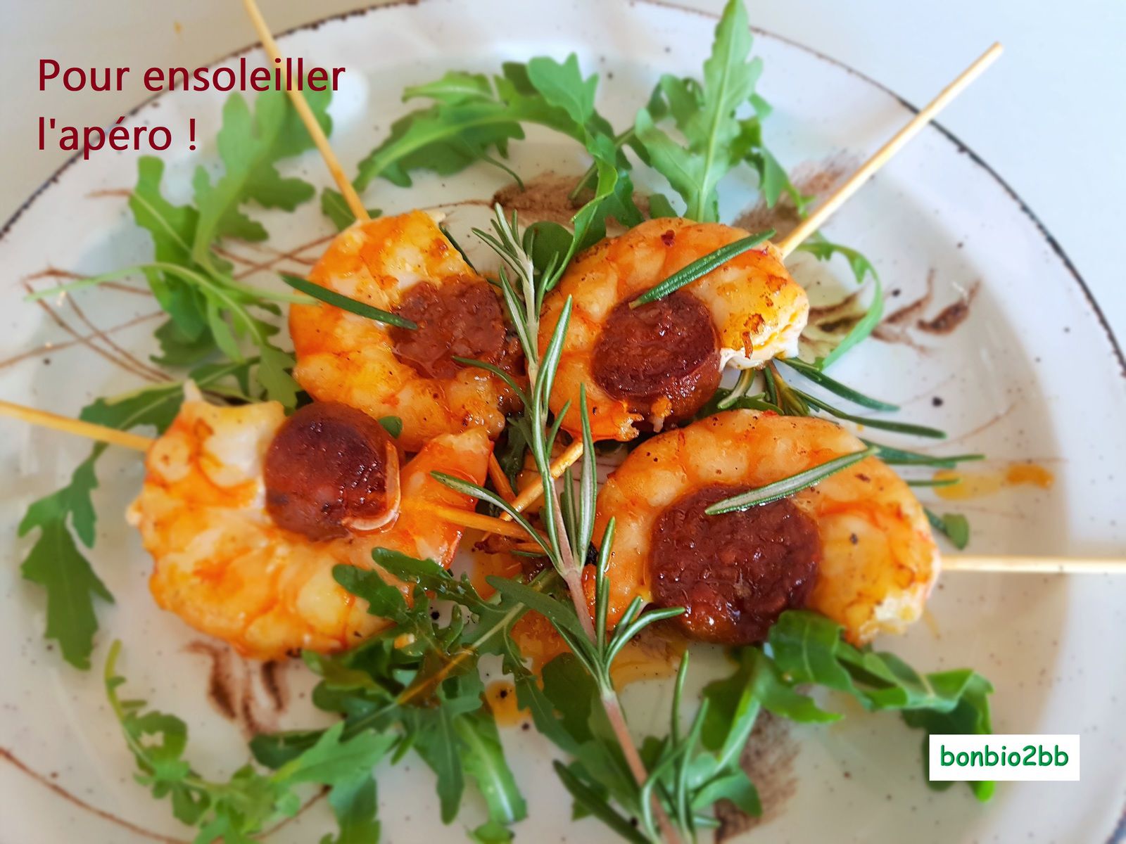 Mini-brochettes de gambas au chorizo rôti, huile de romarin - Bon, Bio, la tambouille des Chabrouille