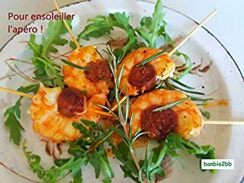 Mini-brochettes de gambas au chorizo rôti, huile de romarin - Bon, Bio, la tambouille des Chabrouille