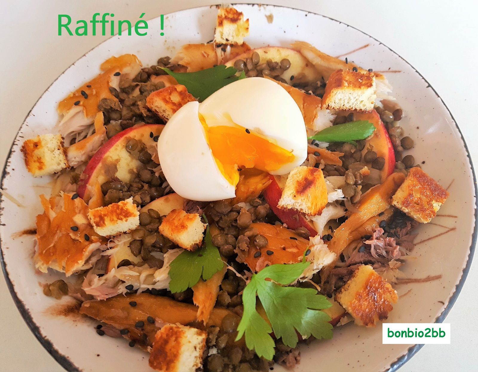 Salade de lentilles et maquereau fumé, oeuf mollet - Bon, Bio, la tambouille des Chabrouille