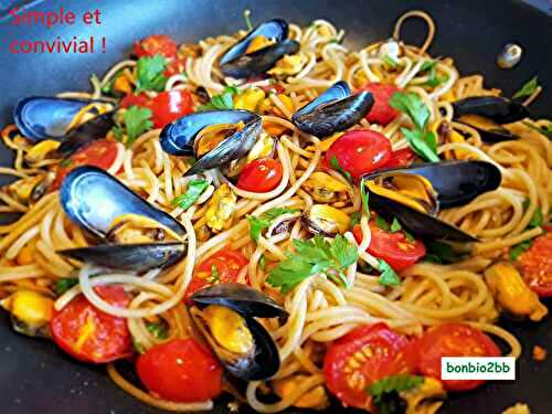 Spaghettis aux moules bouchot et tomates cerises - Bon, Bio, la tambouille des Chabrouille