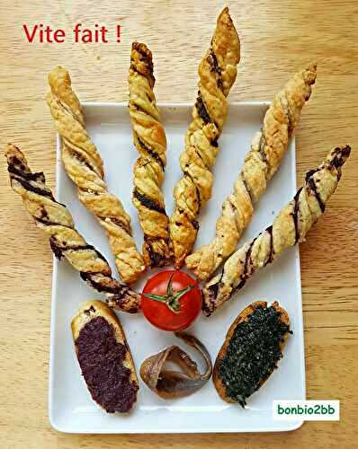 Trio de torsades feuilletées : aux filets d'anchois, à la tapenade, au pesto - Bon, Bio, la tambouille des Chabrouille