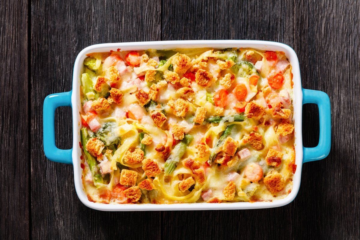 Gratin de tagliatelles au jambon et légumes