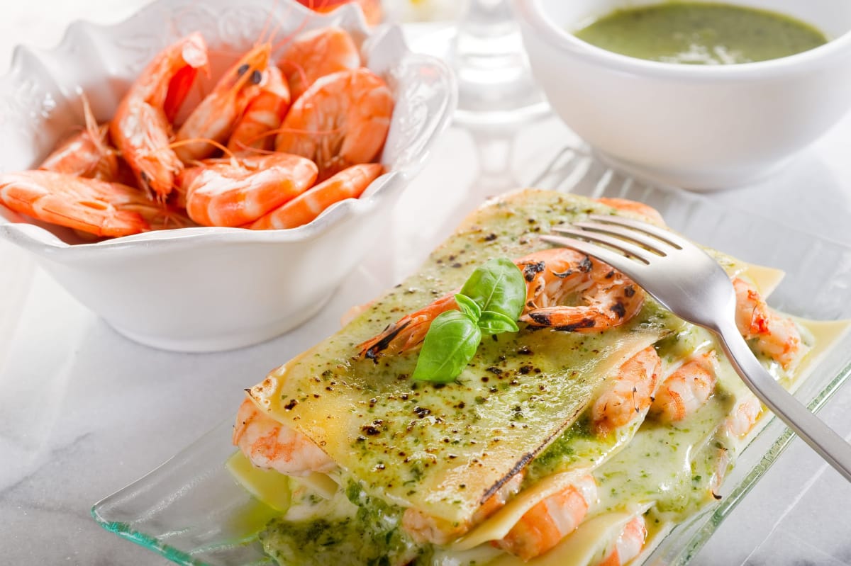 Lasagnes aux crevettes et au pesto