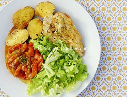 Assiette acido-basique : pintade, piperade, patates, salade