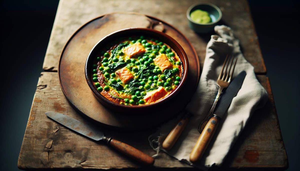 Gratin de pois cassés, saumon et curry