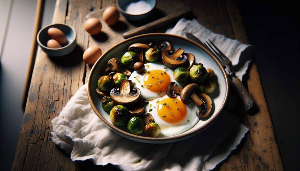 Oeufs au plat avec champignons et choux de Bruxelles