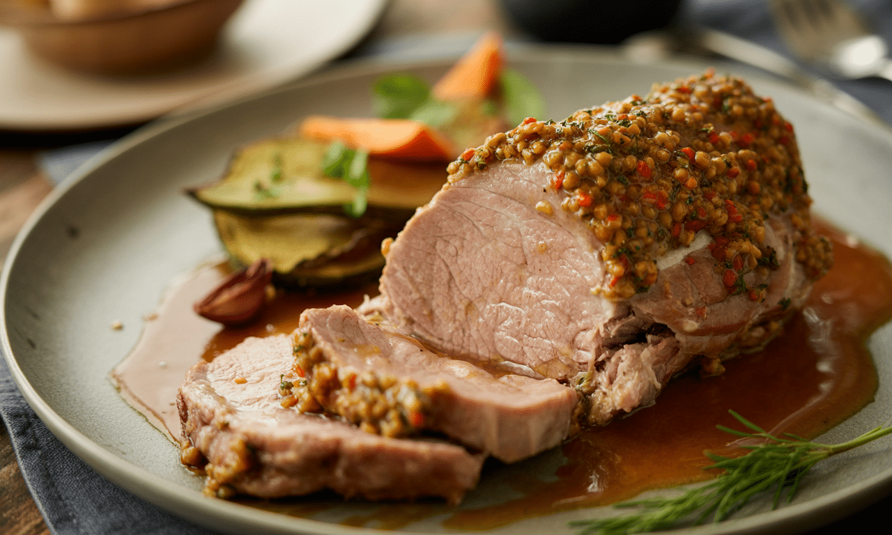 Sublimez votre dîner avec un filet mignon de porc rôti à la moutarde à l’ancienne : une recette gourmande et facile à réaliser