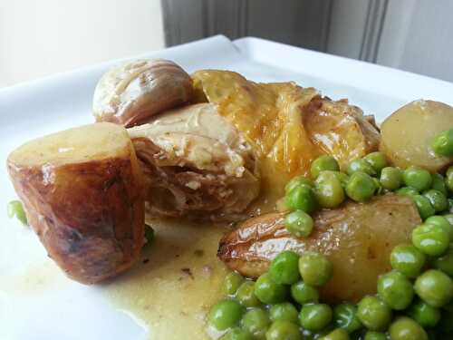 Poulet rôti au lait de coco & citron vert / petits pois et pommes grenailles