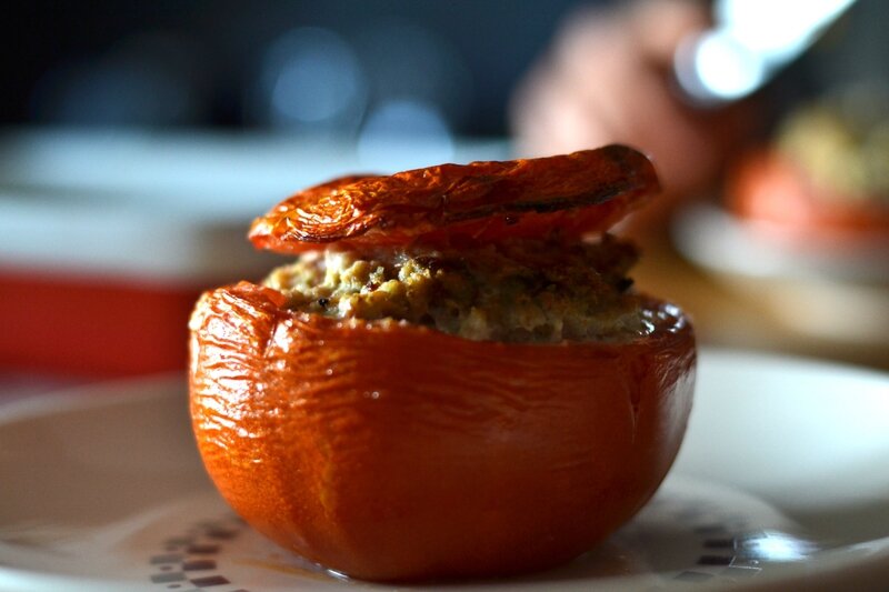 Tomate farcie au cabillaud ou lieu noir