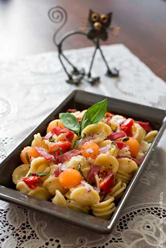 Salade de pâtes melon, parmesan et bresaola