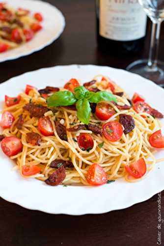 Spaguettis chorizo et tomates cerises