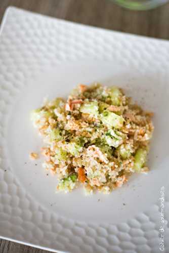 Taboulé petit épeautre et chou-fleur, saumon, avocat et concombre