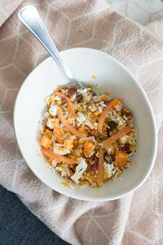 Salade riz lentilles corail aux légumes et saumon