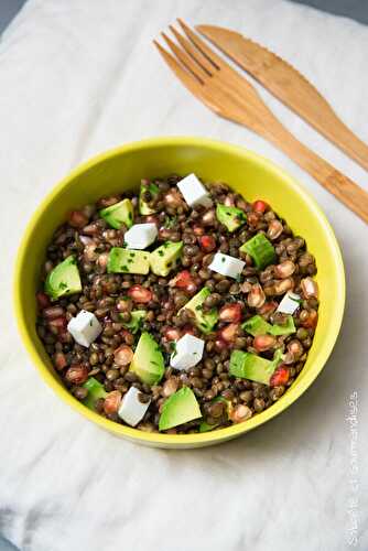 Salade végétalienne de lentilles vertes, avocat et grenade