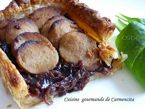 Tarte boudin blanc aux morilles et oignons rouges confits