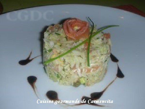 Timbale d'avocats au saumon fumé et crabe 