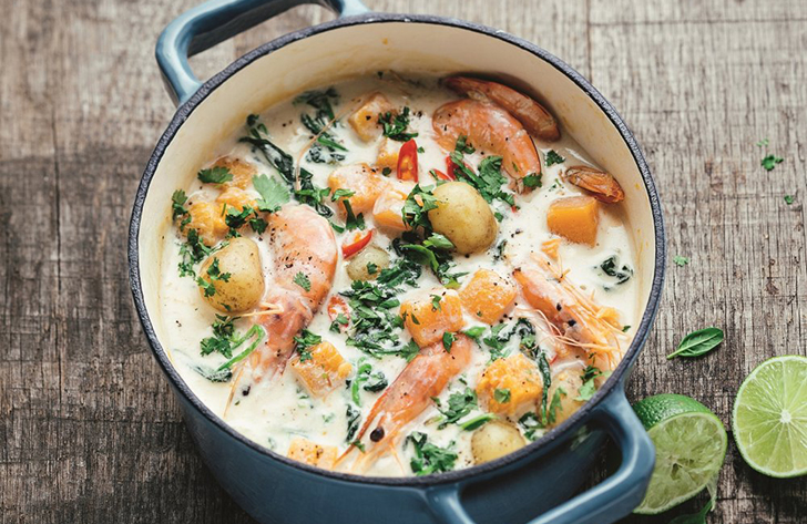 Blanquette de crevettes, potiron et crème de coco