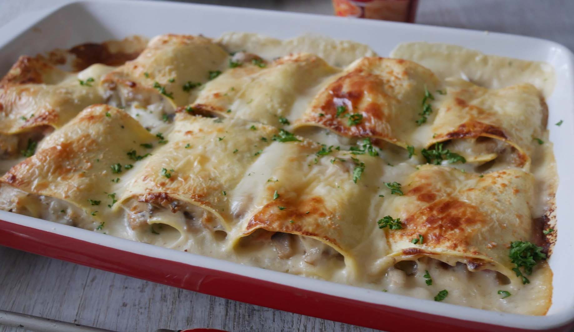 Lasagnes roulées au jambon et champignons