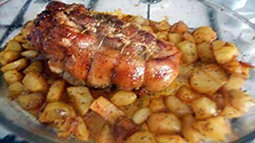 Roti de porc au four et ses pommes de terres ou frites mixtes