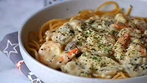 Spaghetti aux crevettes, sauce crémeuse aux champignons