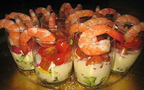 Verrine crevettes et crudités, sauce légère au fromage blanc