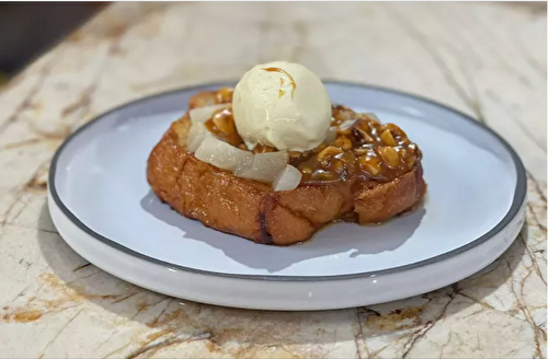 Pain perdu aux poires, caramel de noisettes