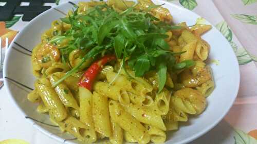 Penne sans gluten sauce crevettes au curry fort