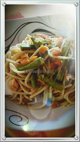 Spaghettis au Saumon Fumé, Asperges & Petits Légumes