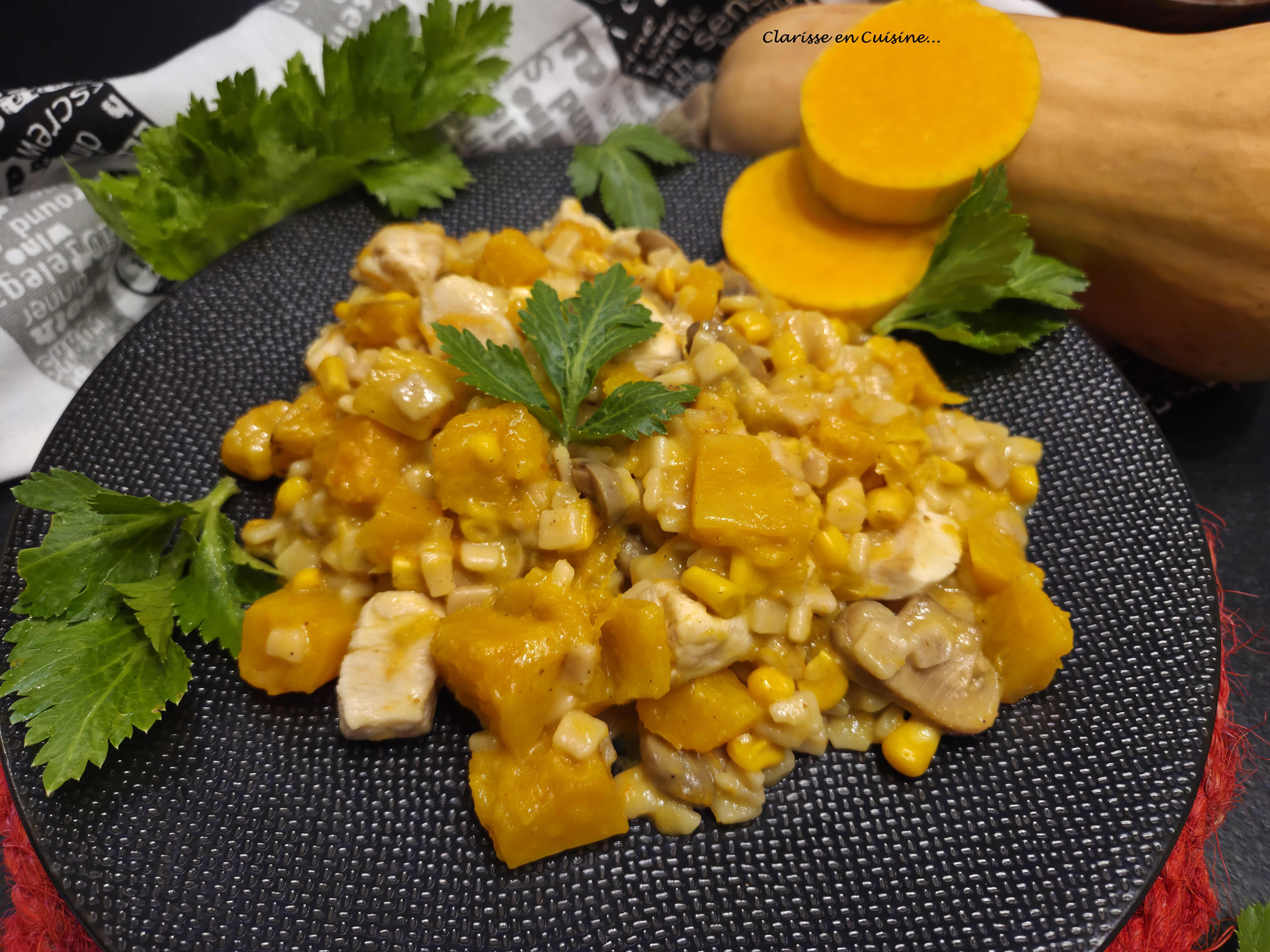 One pot de crozets à la courge butternut et au poulet