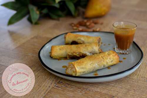 Cigares croustillants Poire frangipane noix de pécan ~ Caramel beurre salé