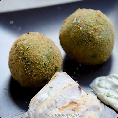 Arancini aux asperges vertes, fèves et ail des ours