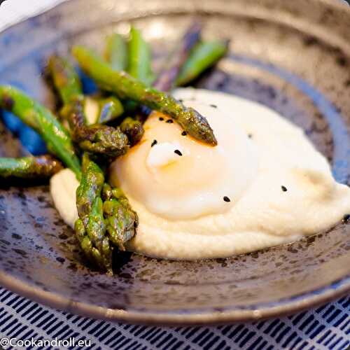 Asperges au Vadouvan, oeuf parfait, mousseline de chou-fleur pour Demeyere