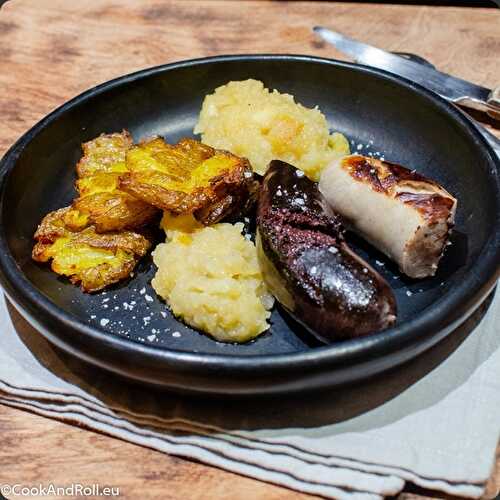 Boudin-compote et crispy smashed potatoes