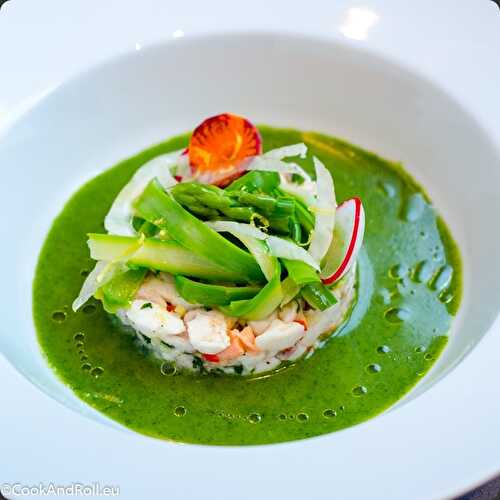 Ceviche sébaste et saumon - tagliatelles d'asperges - jus vert