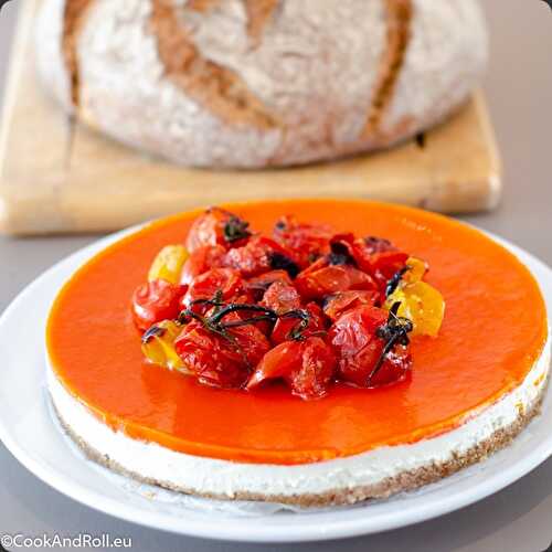 Cheesecake salé, gelée de poivrons grillés, tomates rôties