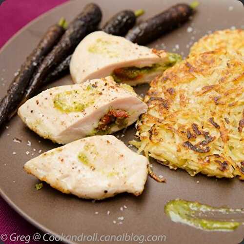 Poulet au pesto, croustillant de panais, carottes violettes