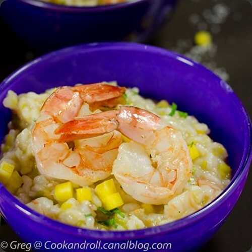 Risotto aux poireaux, gambas, et mangues