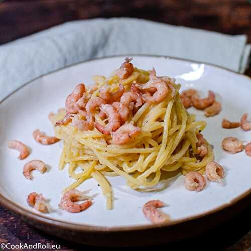 Spaghetti aux lentilles, crevettes grises