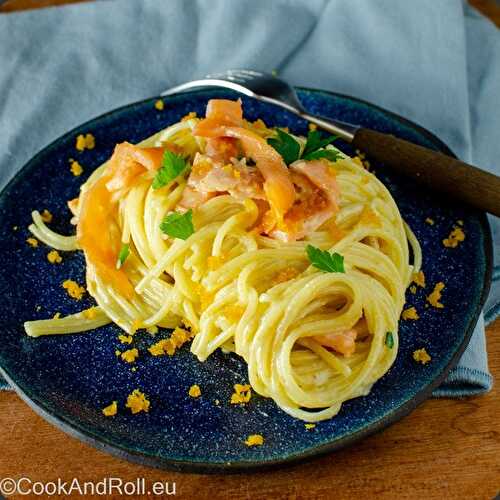 Spaghetti au saumon fumé et boutargue