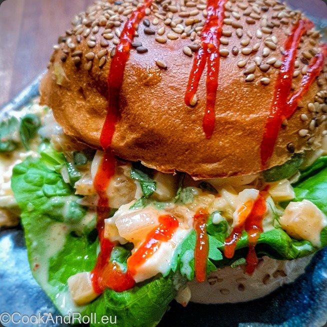 Kimchi and eggs salad sandwich