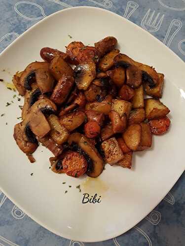 Chipolatas aux herbes, P.de terre, carottes et Champignons